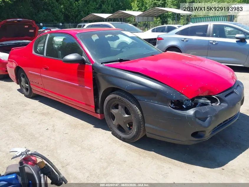 2002 Chevrolet Monte Carlo Ss VIN: 2G1WX15K929193983 Lot: 45285147