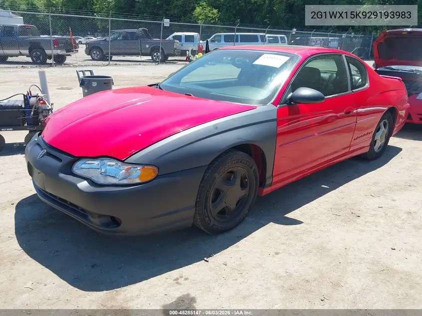 2002 Chevrolet Monte Carlo Ss VIN: 2G1WX15K929193983 Lot: 45285147