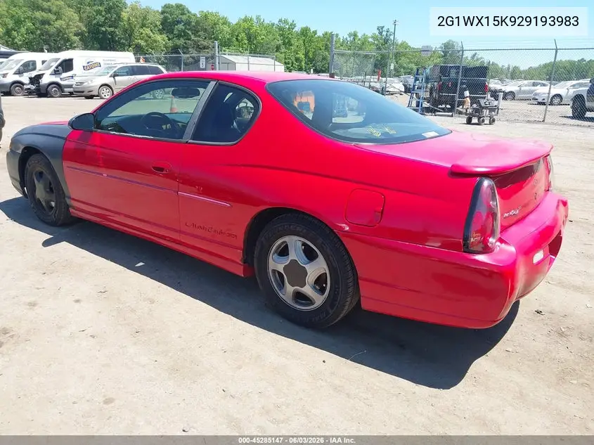 2002 Chevrolet Monte Carlo Ss VIN: 2G1WX15K929193983 Lot: 45285147