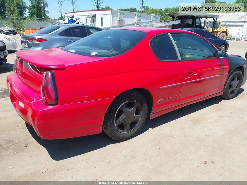 2002 Chevrolet Monte Carlo Ss VIN: 2G1WX15K929193983 Lot: 45285147