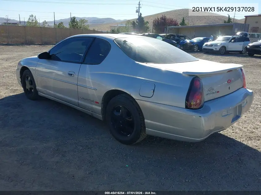 2002 Chevrolet Monte Carlo Ss VIN: 2G1WX15K429137028 Lot: 45416254