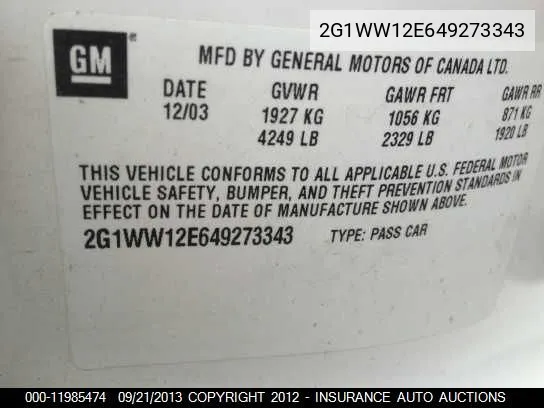 2004 Chevrolet Monte Carlo Ls VIN: 2G1WW12E649273343 Lot: 11985474