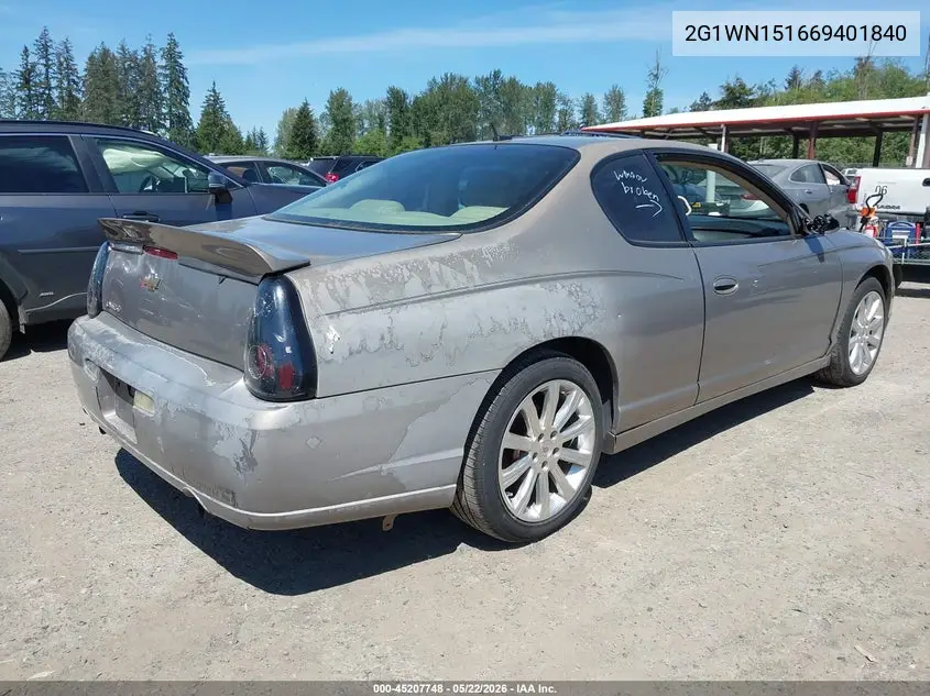 2006 Chevrolet Monte Carlo Ltz VIN: 2G1WN151669401840 Lot: 45207748