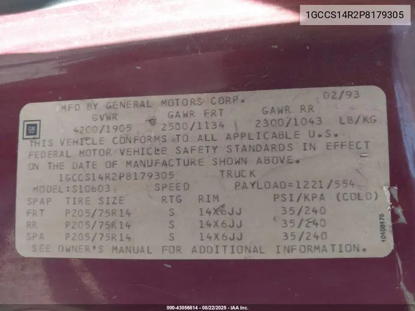 1GCCS14R2P8179305 1993 Chevrolet S Truck S10
