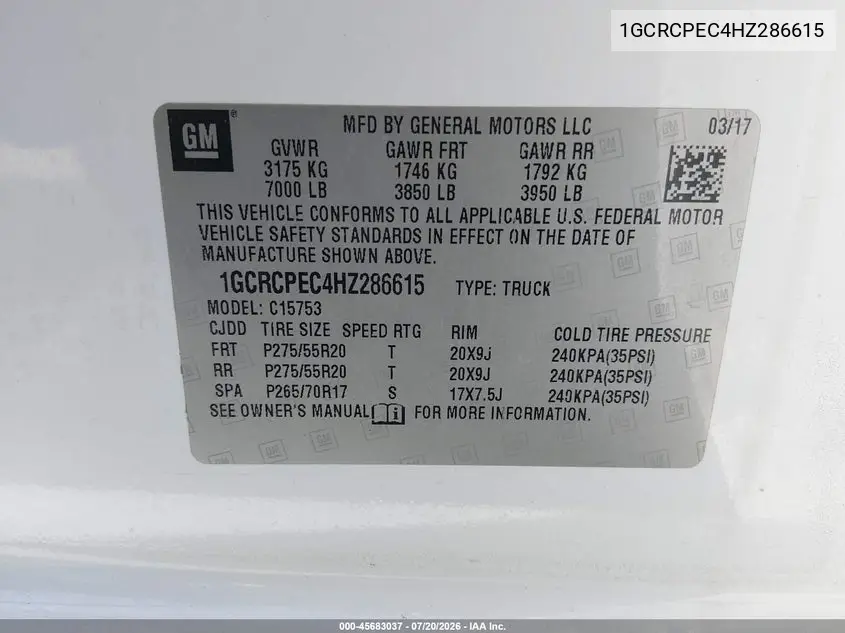 2017 Chevrolet Silverado 1500 Custom VIN: 1GCRCPEC4HZ286615 Lot: 45683037