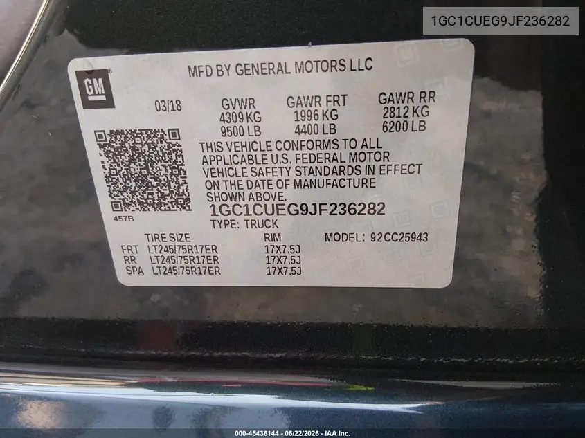 2018 Chevrolet Silverado 2500Hd Work Truck VIN: 1GC1CUEG9JF236282 Lot: 45436144