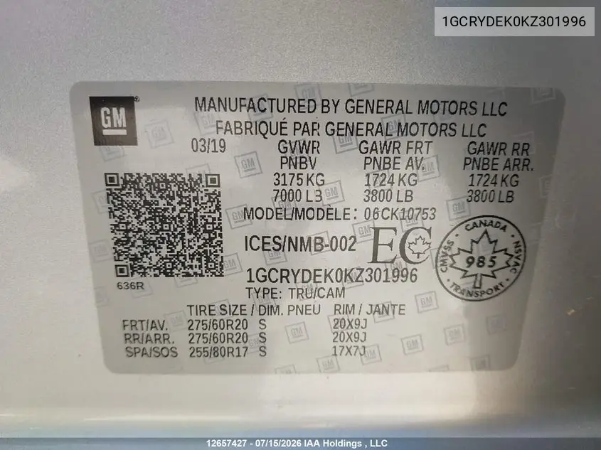 2019 Chevrolet Silverado 1500 Lt VIN: 1GCRYDEK0KZ301996 Lot: 12657427