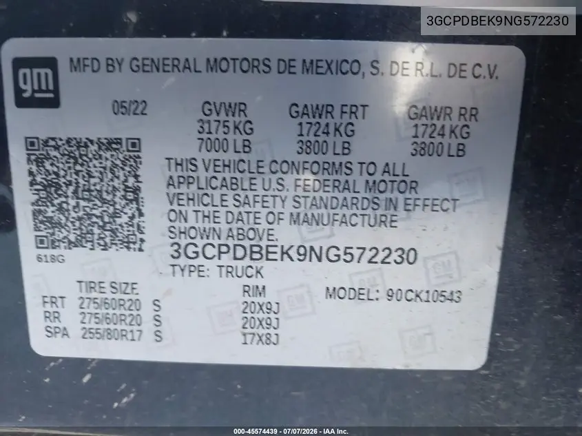 2022 Chevrolet Silverado 1500 4Wd Short Bed Custom VIN: 3GCPDBEK9NG572230 Lot: 45574439