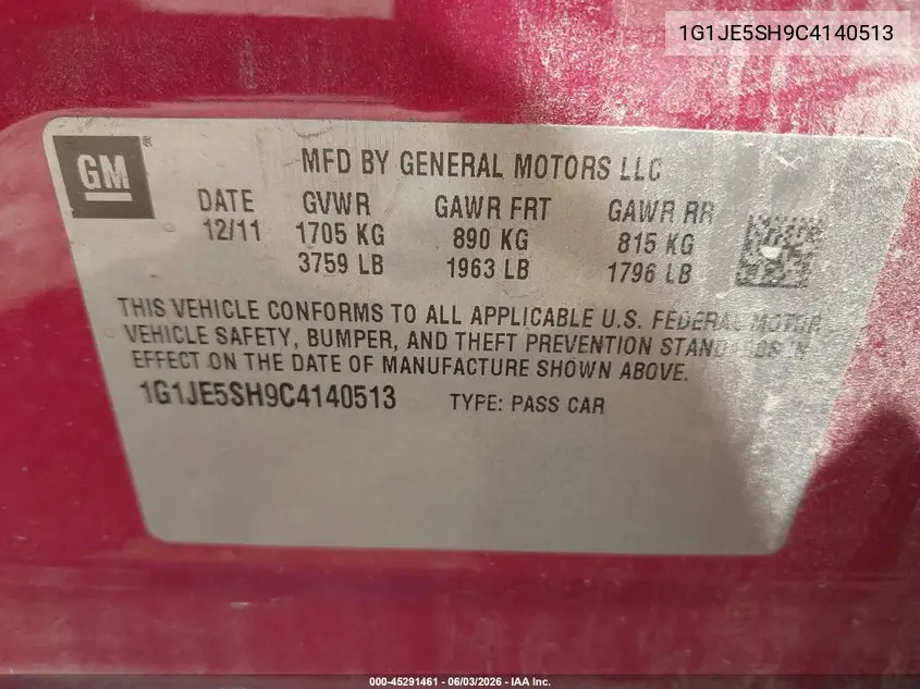 2012 Chevrolet Sonic 2Lz VIN: 1G1JE5SH9C4140513 Lot: 45291461