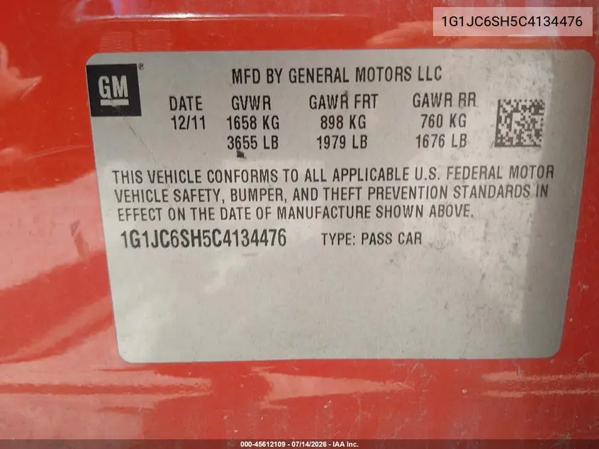 2012 Chevrolet Sonic 2Lt VIN: 1G1JC6SH5C4134476 Lot: 45612109