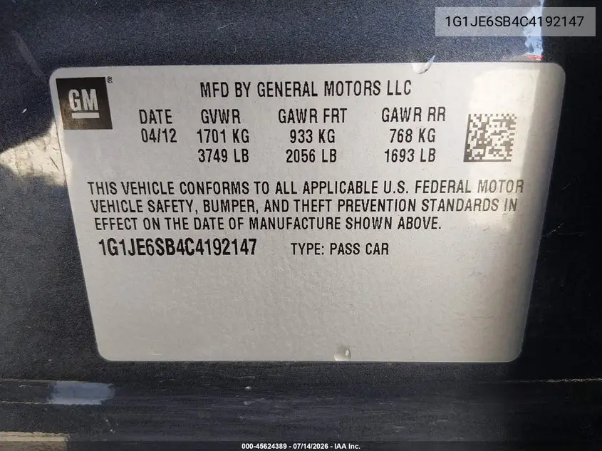 2012 Chevrolet Sonic 2Lz VIN: 1G1JE6SB4C4192147 Lot: 45624389