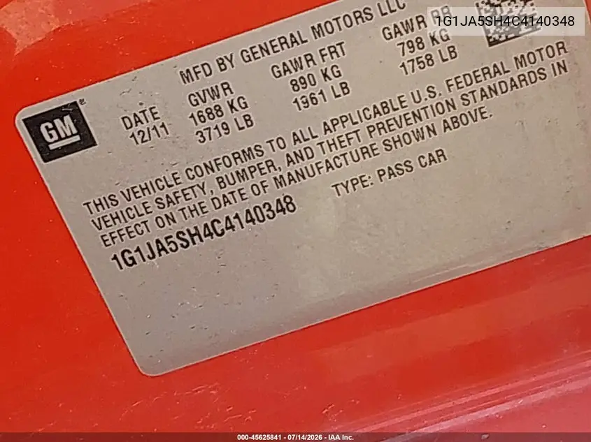 2012 Chevrolet Sonic 2Ls VIN: 1G1JA5SH4C4140348 Lot: 45625841