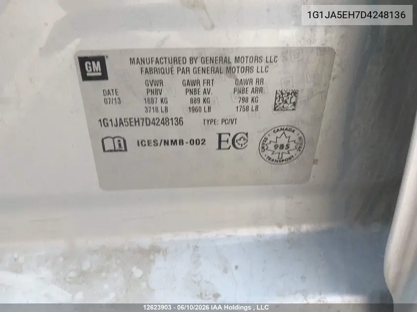 2013 Chevrolet Sonic Ls VIN: 1G1JA5EH7D4248136 Lot: 12623903