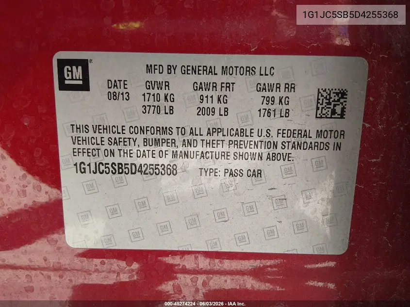 2013 Chevrolet Sonic Lt Auto VIN: 1G1JC5SB5D4255368 Lot: 45274224