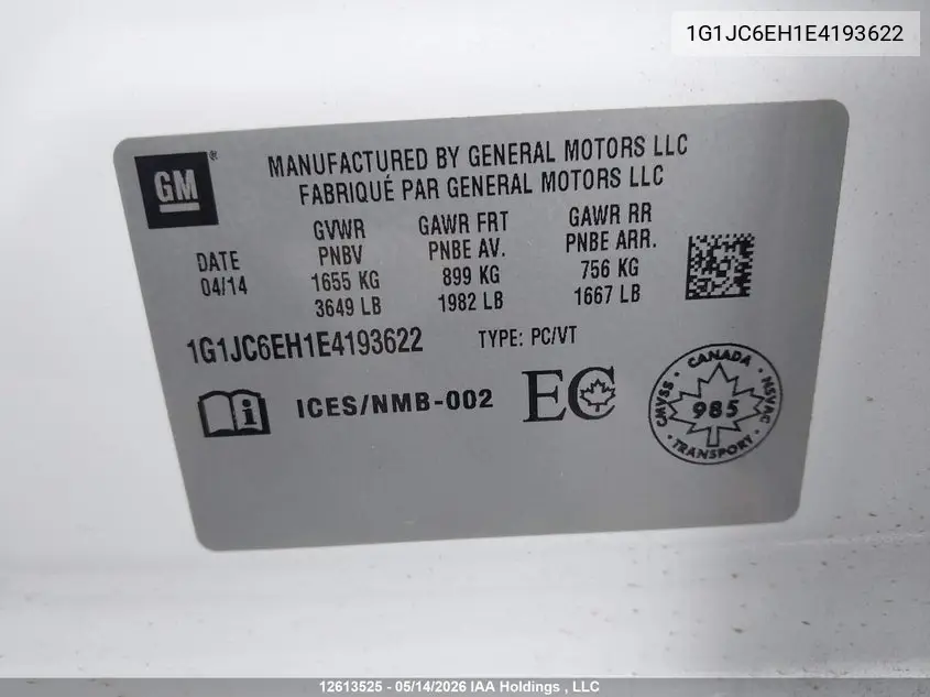 2014 Chevrolet Sonic Lt Auto VIN: 1G1JC6EH1E4193622 Lot: 12613525
