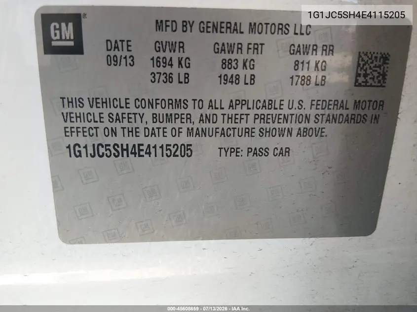 2014 Chevrolet Sonic Lt Auto VIN: 1G1JC5SH4E4115205 Lot: 45608659