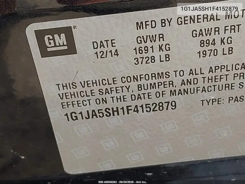 2015 Chevrolet Sonic Ls Auto VIN: 1G1JA5SH1F4152879 Lot: 45506282