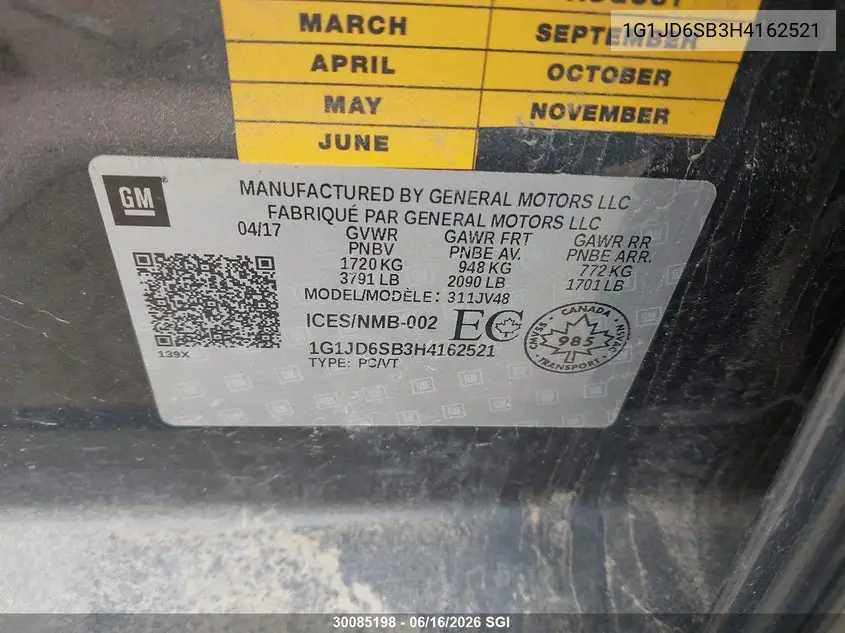 2017 Chevrolet Sonic Lt Auto VIN: 1G1JD6SB3H4162521 Lot: 30085198