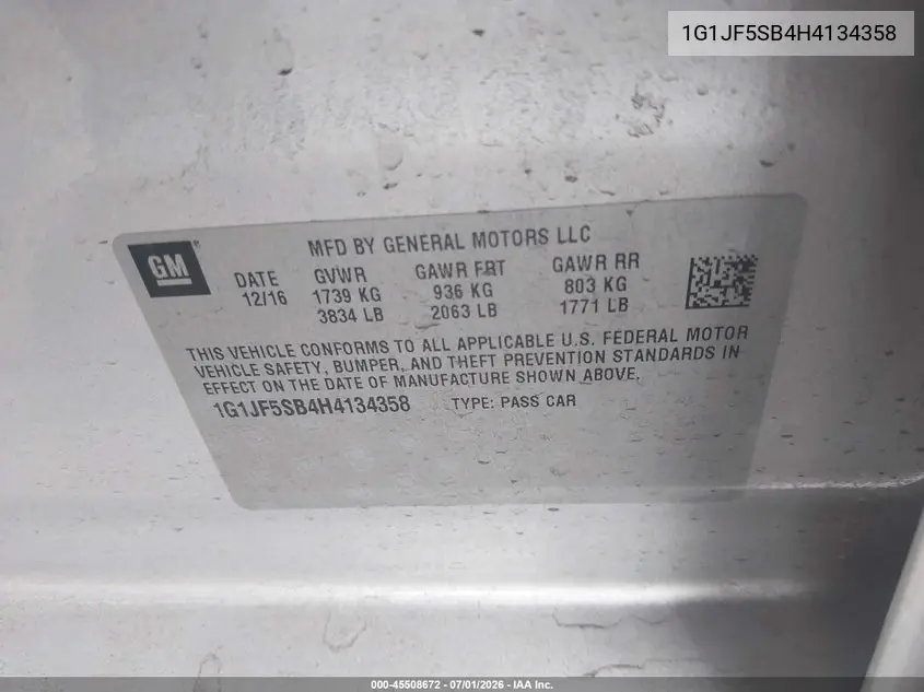 2017 Chevrolet Sonic Premier Auto VIN: 1G1JF5SB4H4134358 Lot: 45508672