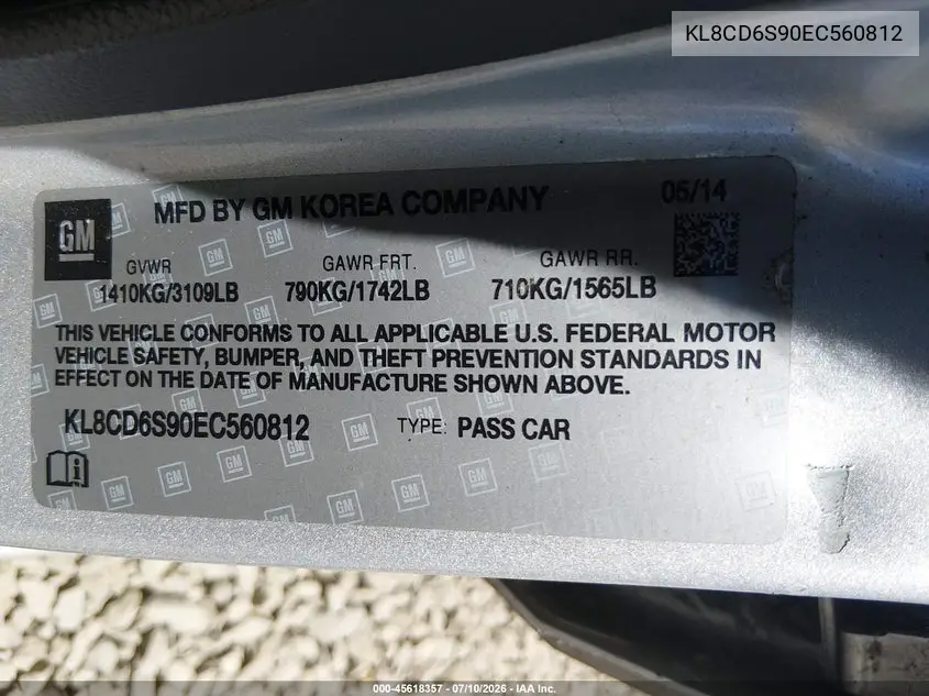 2014 Chevrolet Spark 1Lt Auto VIN: KL8CD6S90EC560812 Lot: 45618357