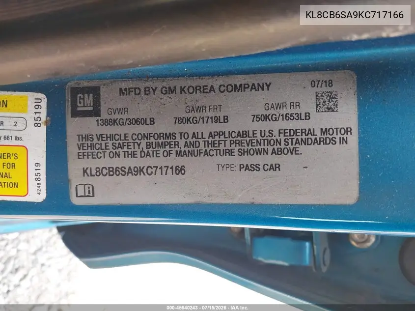 2019 Chevrolet Spark Ls Cvt VIN: KL8CB6SA9KC717166 Lot: 45640243