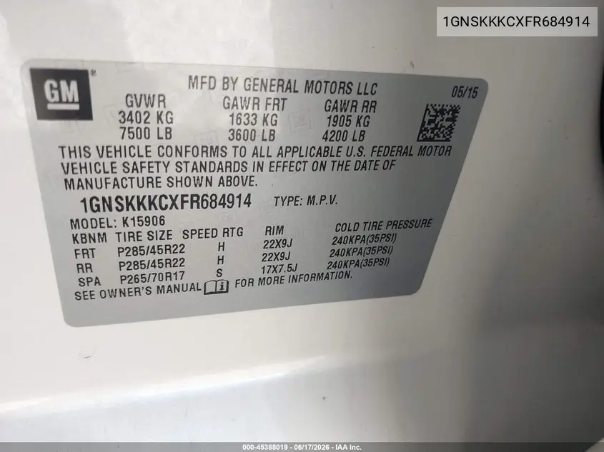 2015 Chevrolet Suburban Ltz VIN: 1GNSKKKCXFR684914 Lot: 45388019
