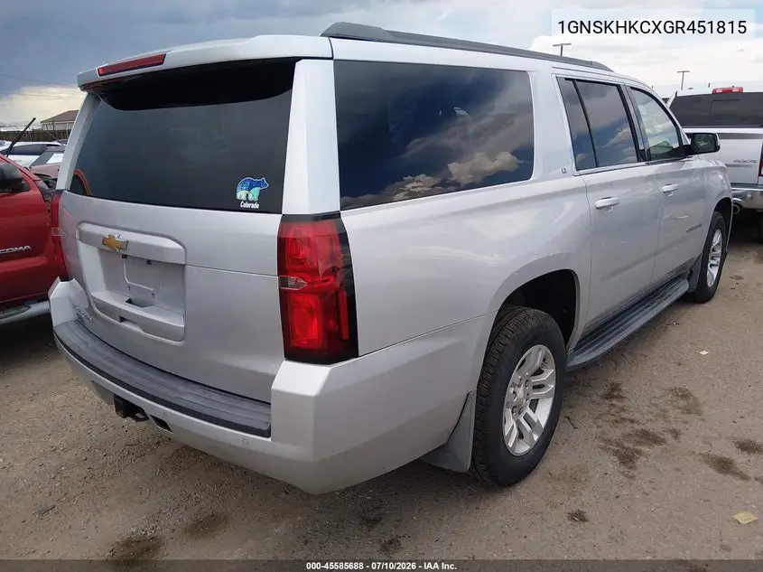 2016 Chevrolet Suburban Lt VIN: 1GNSKHKCXGR451815 Lot: 45585688
