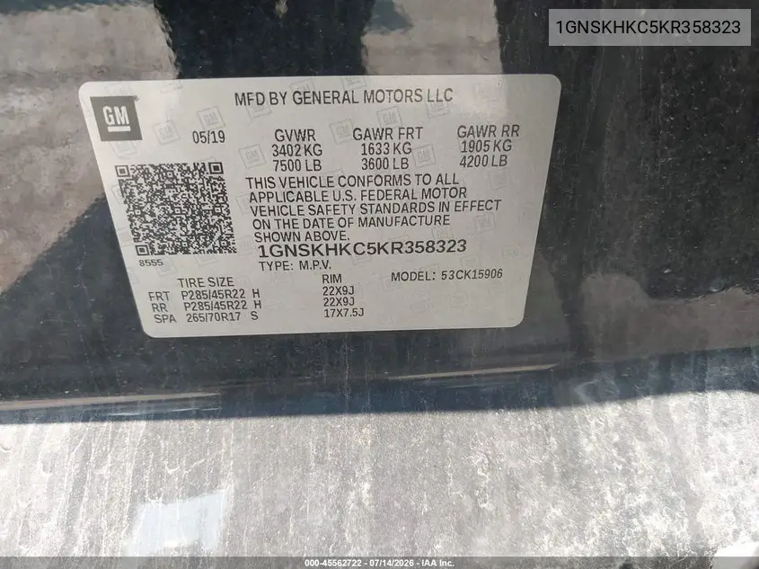 2019 Chevrolet Suburban Lt VIN: 1GNSKHKC5KR358323 Lot: 45562722
