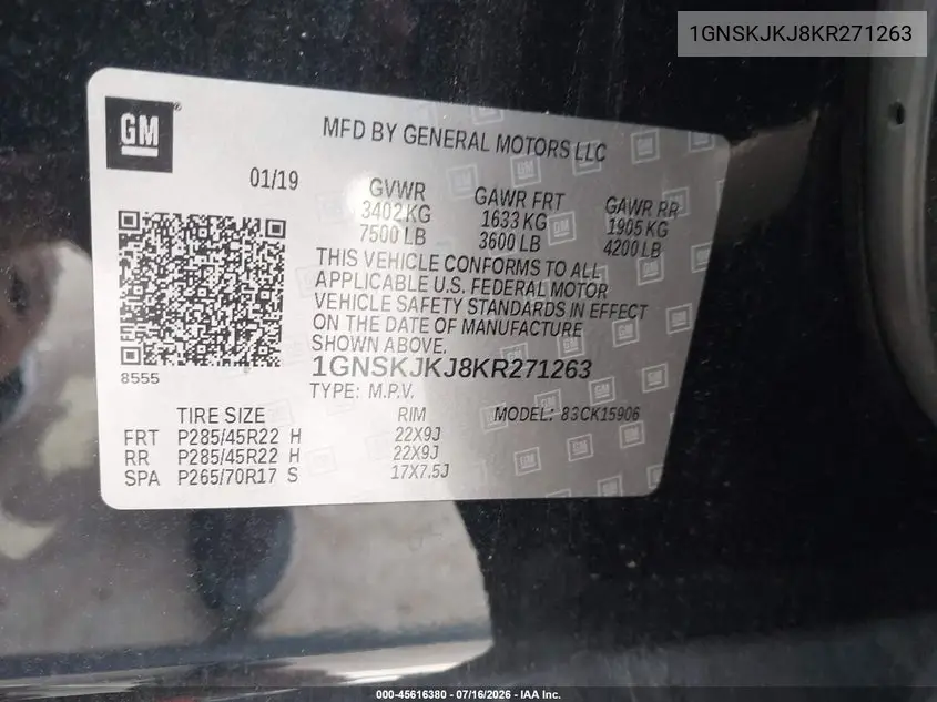 2019 Chevrolet Suburban Premier VIN: 1GNSKJKJ8KR271263 Lot: 45616380