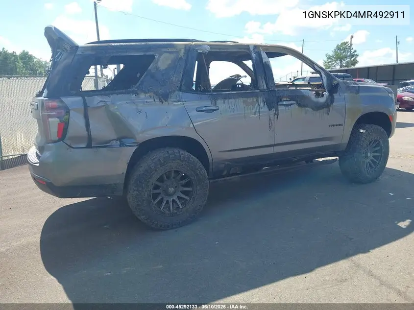 2021 Chevrolet Tahoe 4Wd Z71 VIN: 1GNSKPKD4MR492911 Lot: 45292133
