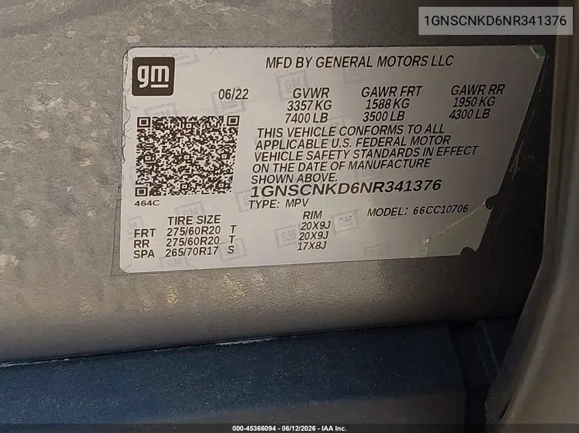 1GNSCNKD6NR341376 2022 Chevrolet Tahoe 2Wd Lt
