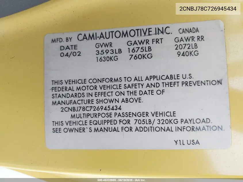 2002 Chevrolet Tracker Zr2 VIN: 2CNBJ78C726945434 Lot: 45332989