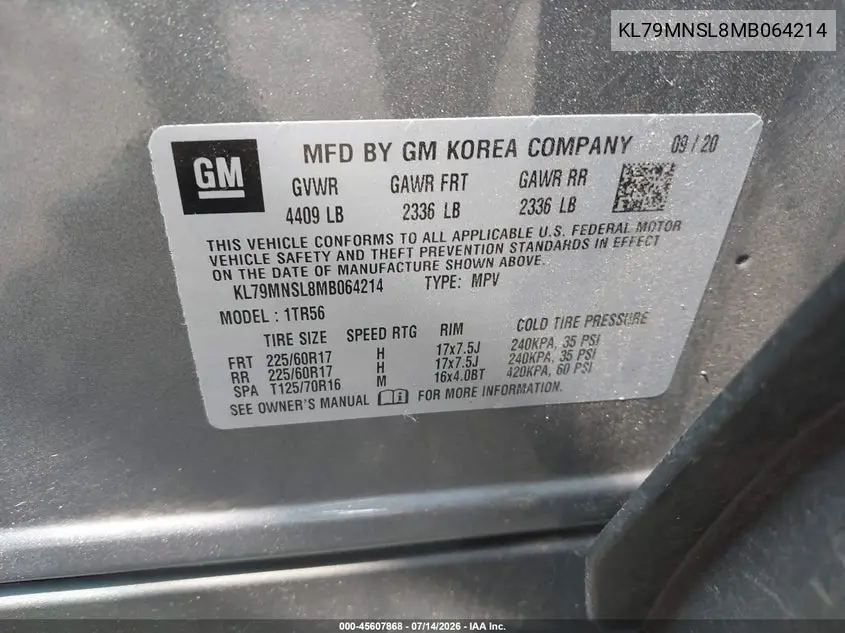 2021 Chevrolet Trailblazer Awd Ls VIN: KL79MNSL8MB064214 Lot: 45607868