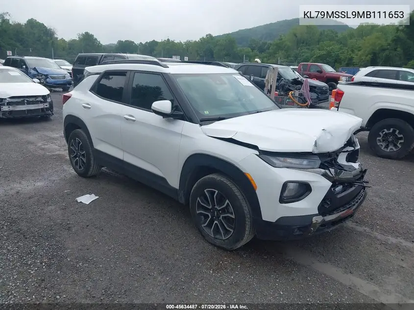 2021 Chevrolet Trailblazer Awd Activ VIN: KL79MSSL9MB111653 Lot: 45634487