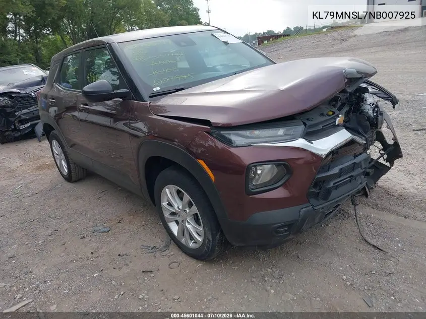2022 Chevrolet Trailblazer Awd Ls VIN: KL79MNSL7NB007925 Lot: 45601044