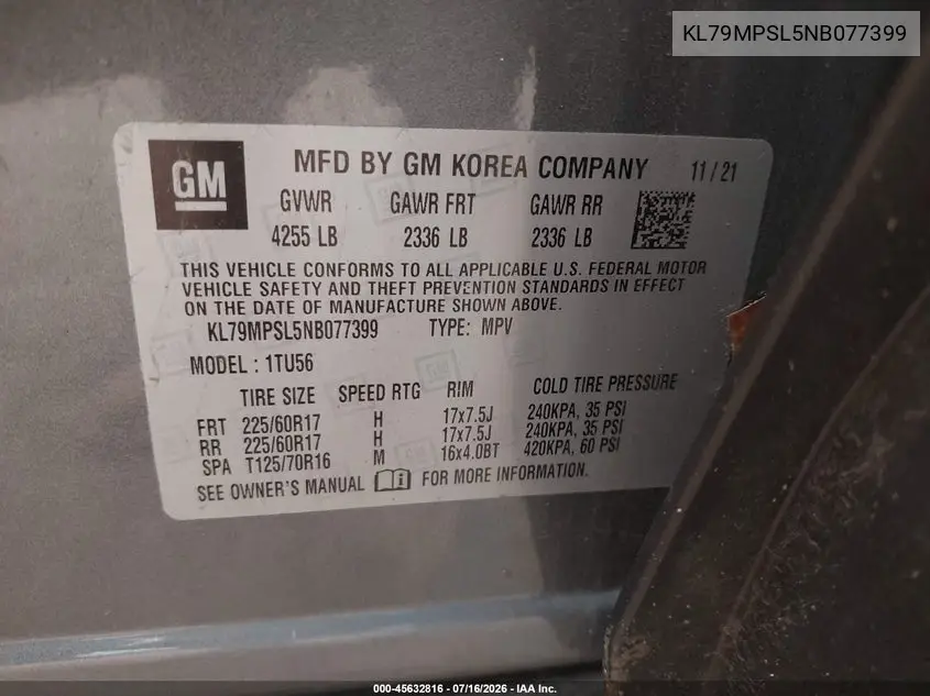 2022 Chevrolet Trailblazer Fwd Lt VIN: KL79MPSL5NB077399 Lot: 45632816