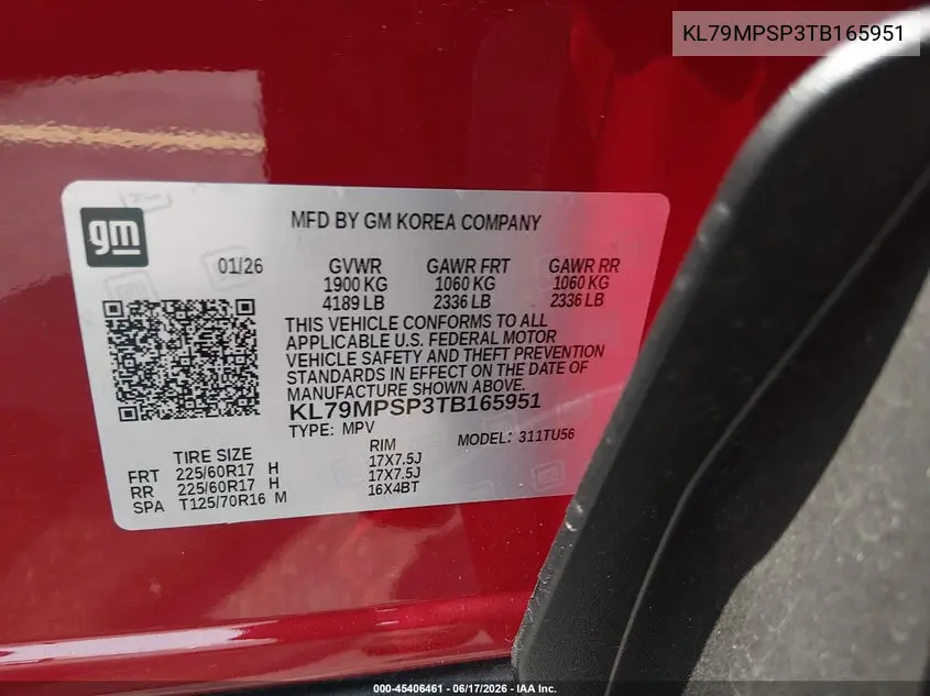 2026 Chevrolet Trailblazer Fwd Lt VIN: KL79MPSP3TB165951 Lot: 45406461