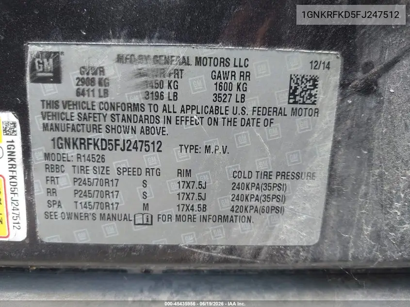 2015 Chevrolet Traverse Ls VIN: 1GNKRFKD5FJ247512 Lot: 45435956