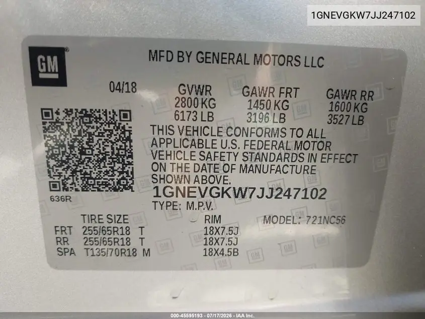 2018 Chevrolet Traverse Lt Cloth VIN: 1GNEVGKW7JJ247102 Lot: 45595193