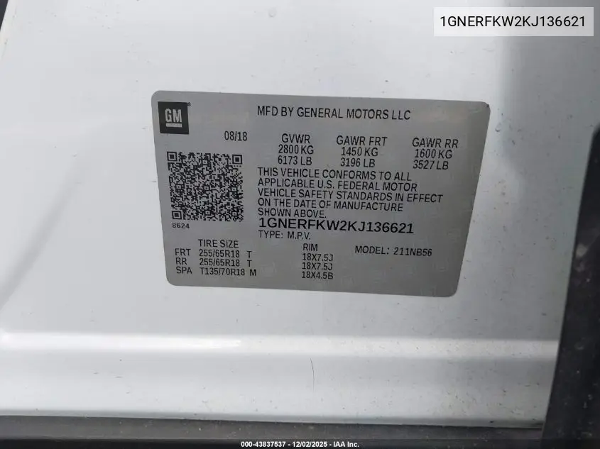 1GNERFKW2KJ136621 2019 Chevrolet Traverse Ls
