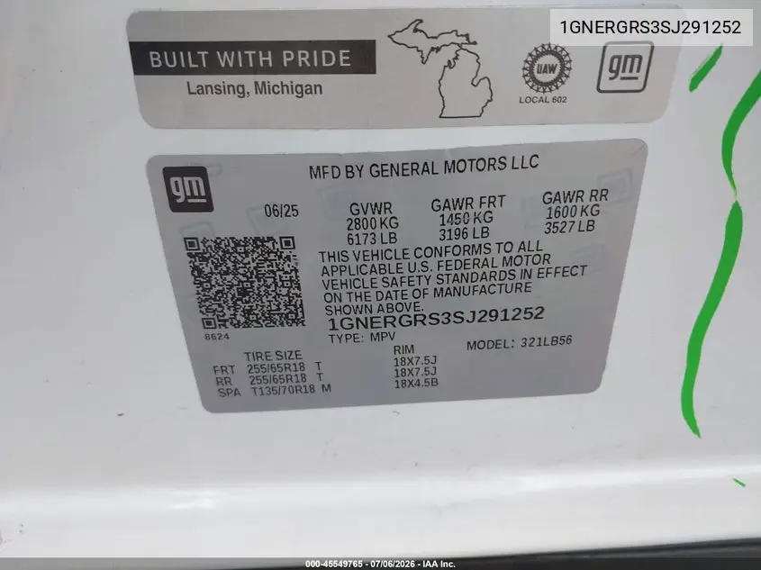 2025 Chevrolet Traverse Fwd Lt VIN: 1GNERGRS3SJ291252 Lot: 45549765