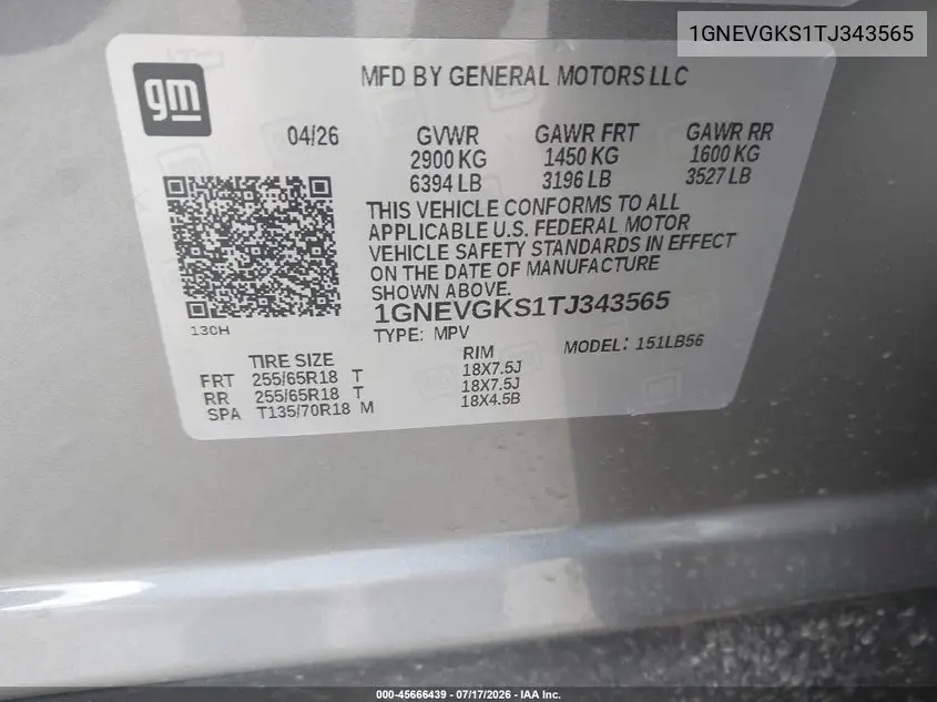 2026 Chevrolet Traverse Awd Lt VIN: 1GNEVGKS1TJ343565 Lot: 45666439