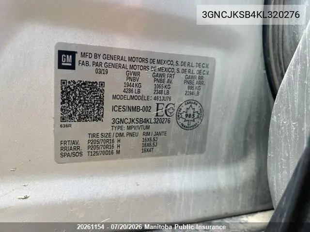 2019 Chevrolet Trax Ls VIN: 3GNCJKSB4KL320276 Lot: 20261154