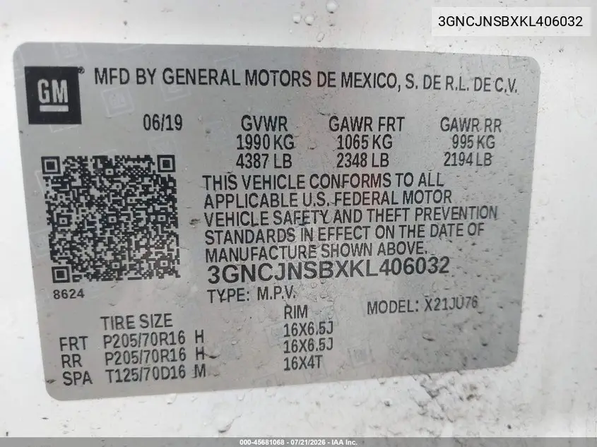 2019 Chevrolet Trax Ls VIN: 3GNCJNSBXKL406032 Lot: 45681068