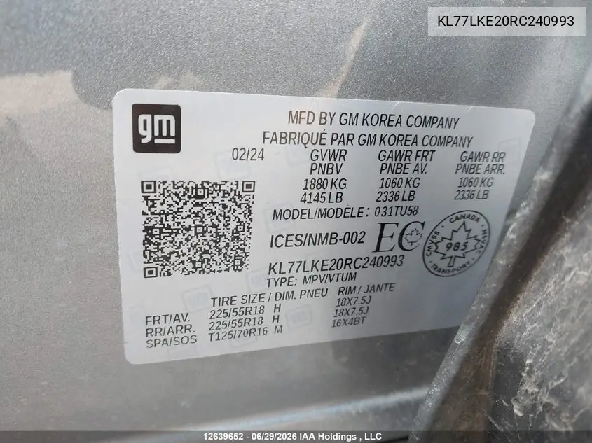 2024 Chevrolet Trax Activ VIN: KL77LKE20RC240993 Lot: 12639652x