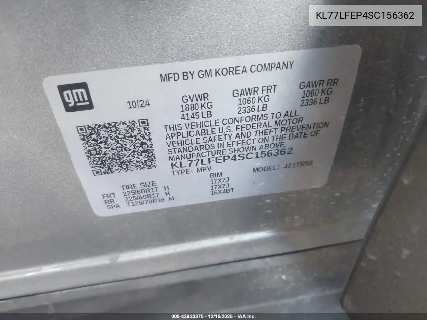 KL77LFEP4SC156362 2025 Chevrolet Trax Fwd Ls