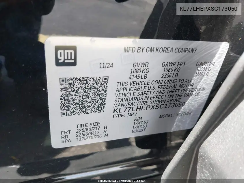 2025 Chevrolet Trax Fwd Lt VIN: KL77LHEPXSC173050 Lot: 45607644