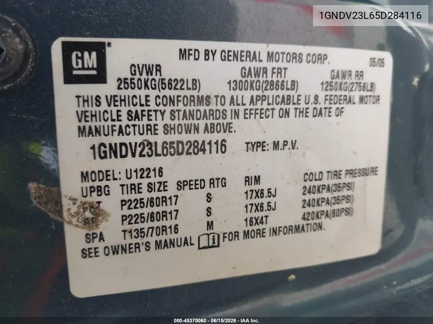 2005 Chevrolet Uplander Ls VIN: 1GNDV23L65D284116 Lot: 45370060