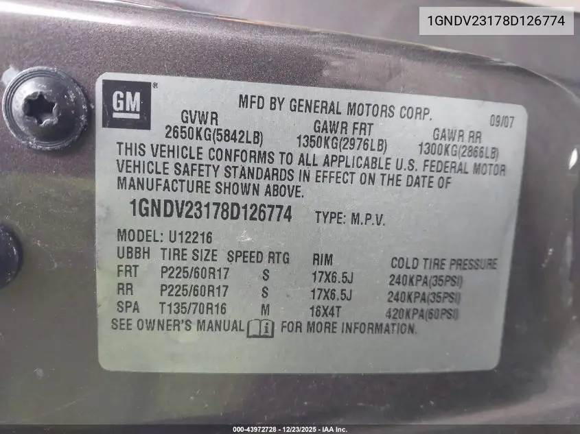 2008 Chevrolet Uplander Ls VIN: 1GNDV23178D126774 Lot: 43972728