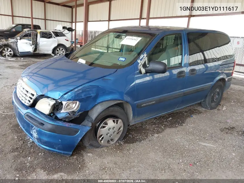 2000 Chevrolet Venture Plus VIN: 1GNDU03E1YD111617 Lot: 45558502